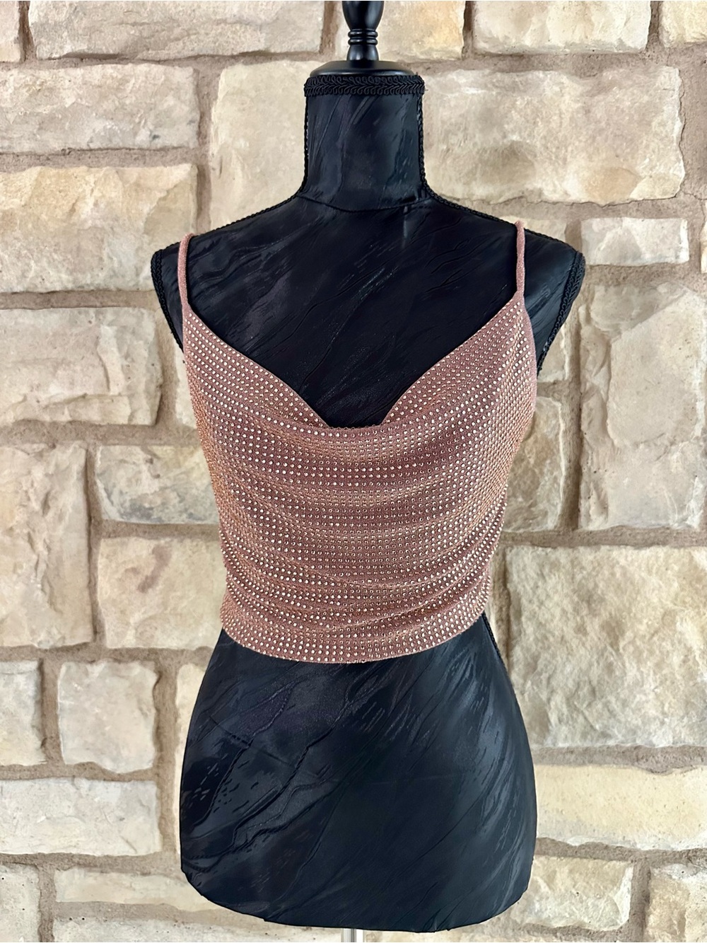 Rhinestone-Embellished Rose Gold Cowl Neck Crop Top
